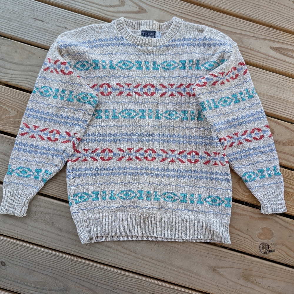 Vintage Van Heusen Mens XL 100% Cotton Heavy Weight Aztec Geometric Sweater
